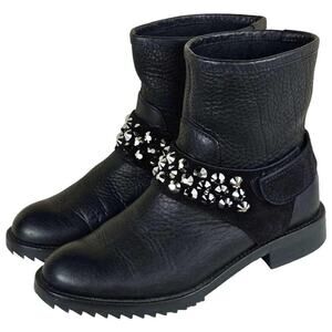 Pedro Garcia Swarovski Crystal Studded Black Leather Moto Ankle Boots PRICE DROP